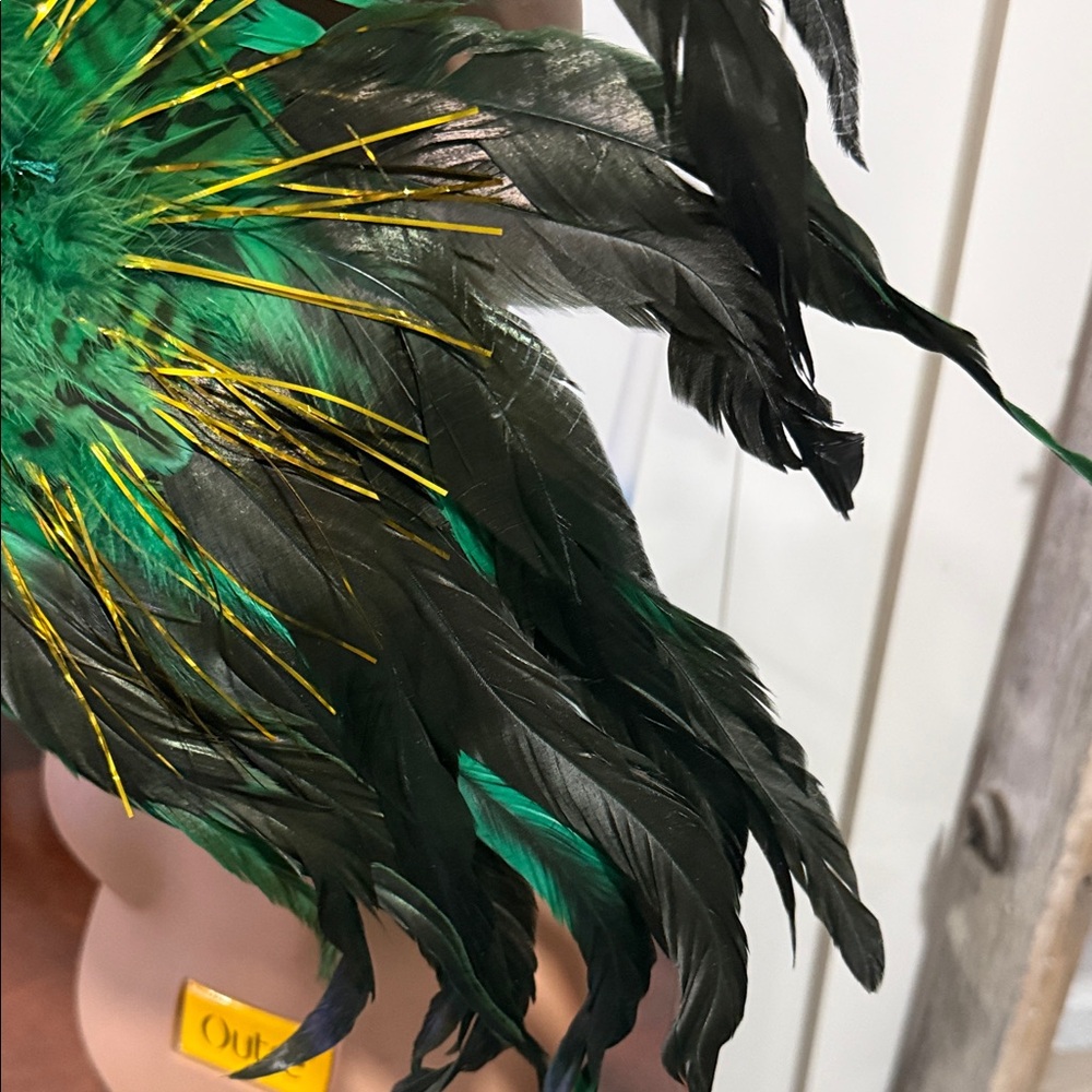 Green Peacock Feather Masquerade Mask with Gold Accents - Picture 2 of 4